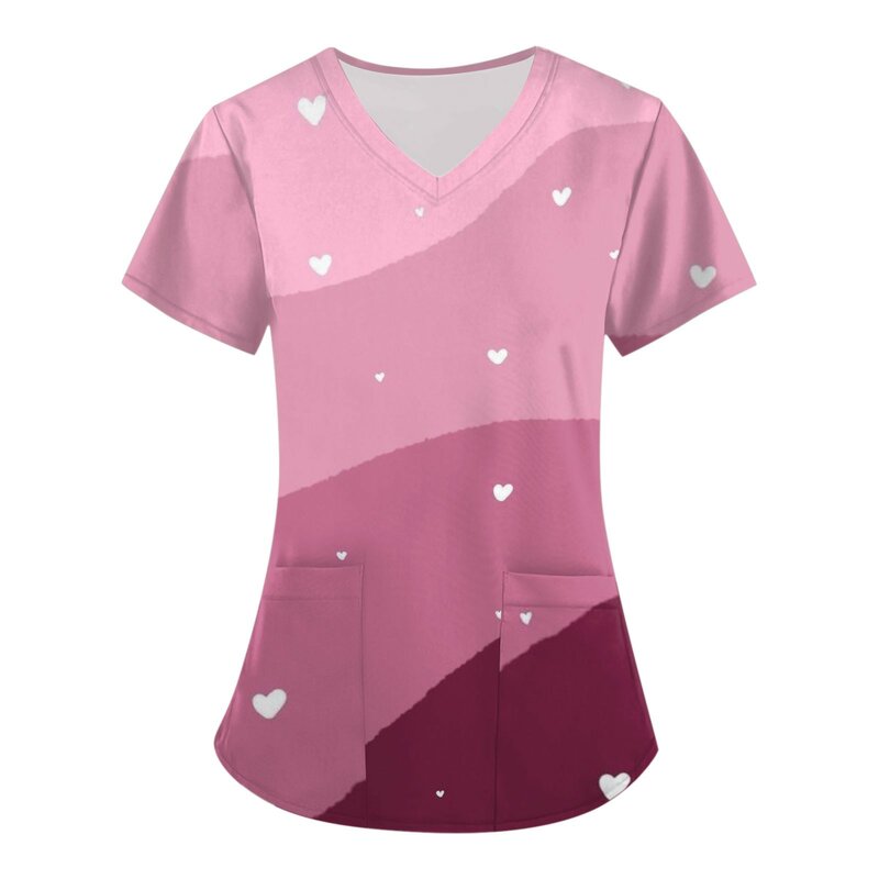 T-shirt à motif imprimé 3D pour femmes, haut à col en V, uniforme d'infirmière, vêtements romantiques et soignants, uniforme de travail, poche