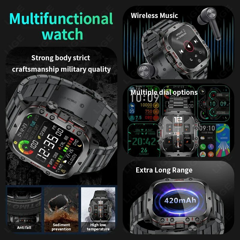 LIGE jam tangan pintar 1.96 inci pria, arloji Cerdas olahraga kebugaran tahan air dengan panggilan Bluetooth 420 MAh, asisten suara
