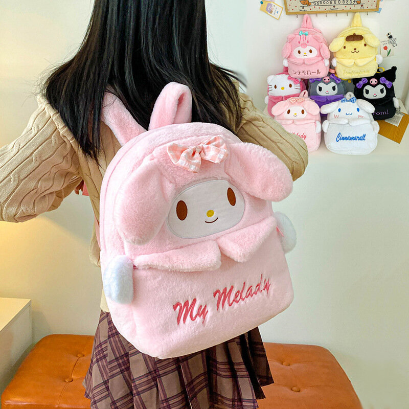 Детский плюшевый рюкзак Hello Kitty, милый мультяшный школьный рюкзак Melody Kulomi Cinnamoroll, вместительный плюшевый рюкзак на молнии для девочек