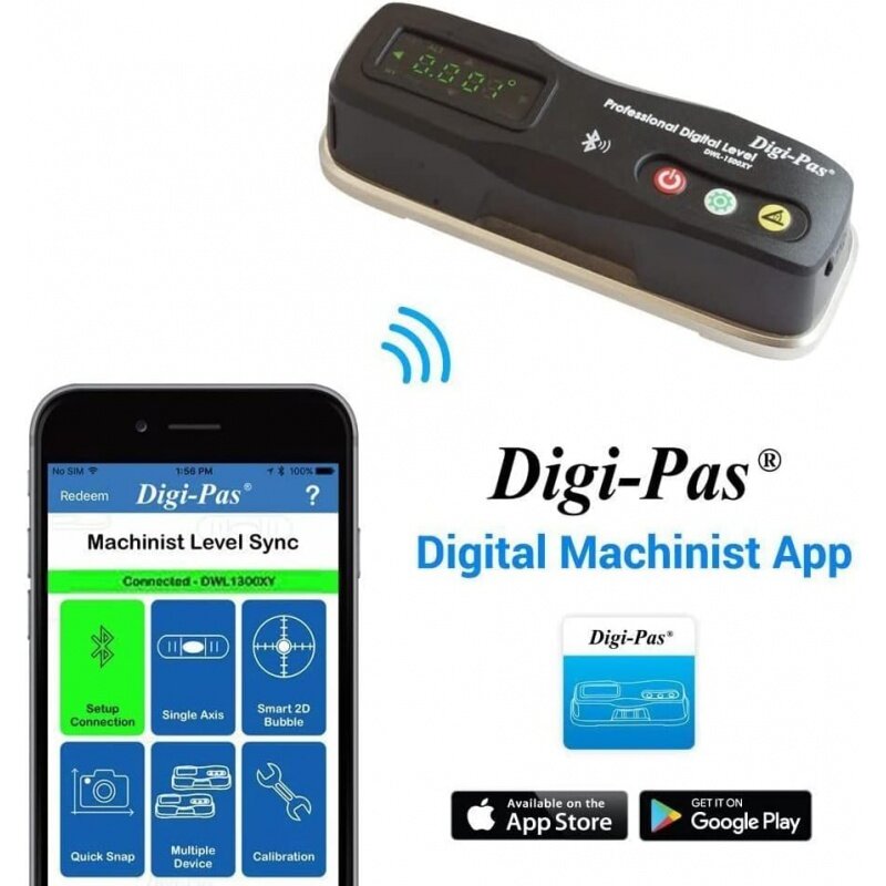 Digi-pass-nivel Digital inteligente de 2 ejes, maquinista, DWL1300XY, Bluetooth, 0.002 "/ft (0,2 mm/M), negro