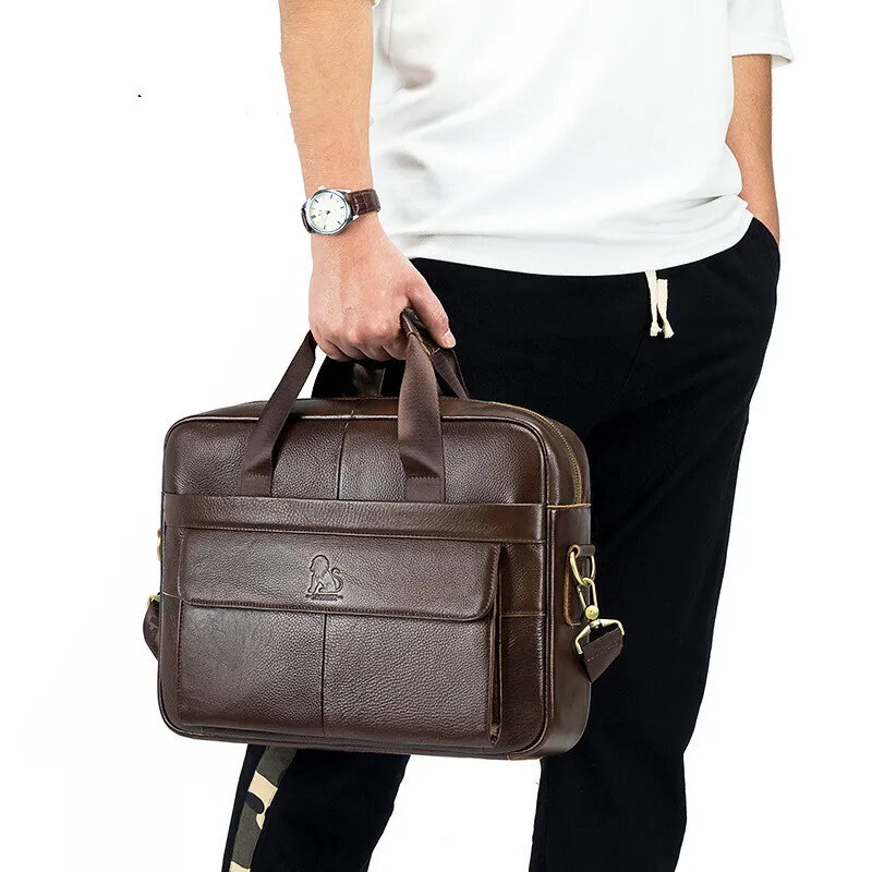 男性用の本革ブリーフケース,大容量のハンドバッグ,ショルダーバッグ,ヴィンテージ,男性用の高級ビジネスバッグ,14インチ