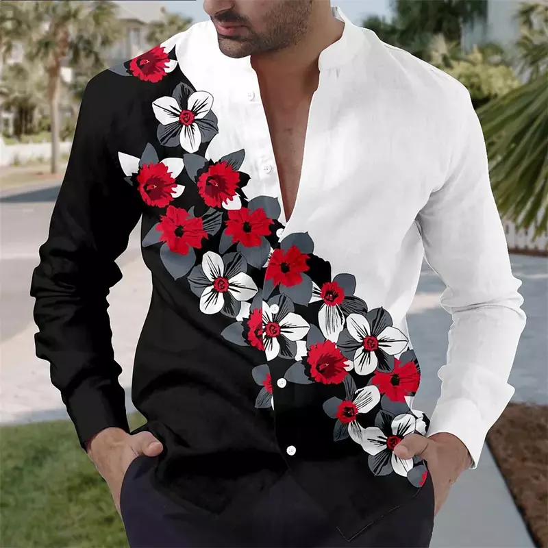 Męska koszula z nadrukiem, letni kwiat nadruk 3D, koszula z długim rękawem i stójką, wakacje wysokiej jakości odzież męska