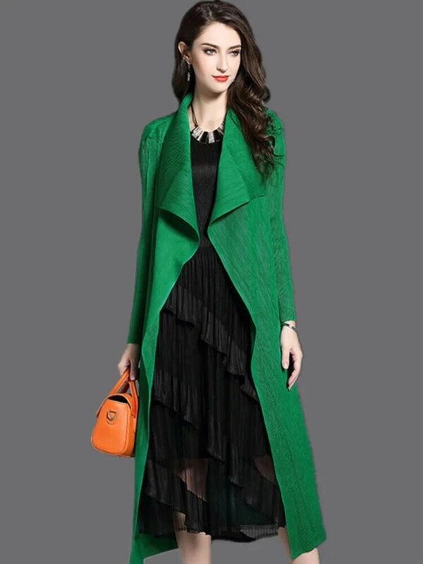 Women Fashion Pleated Long Windbreaker Turn Down Collar Open Cardigan Black Green Gray Red Khaki  Female Clothing Coat Shawl