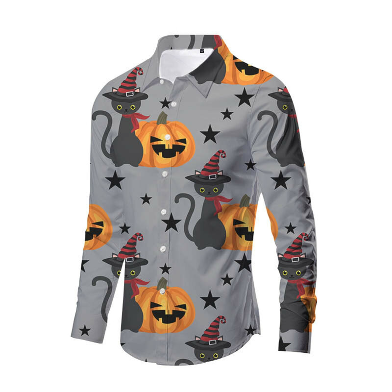 Halloween Ghost kemeja berkancing pria, pakaian kasual bercetak lucu kerah rebah lengan panjang untuk lelaki