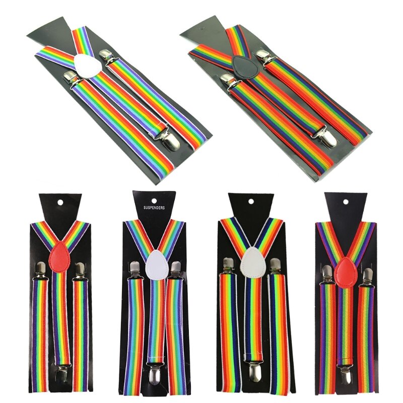Men Women Wide Adjustable Straps Y-Back Suspenders Rainbow Colorful Vertical Striped Elastic Belt with Strong Metal Clips