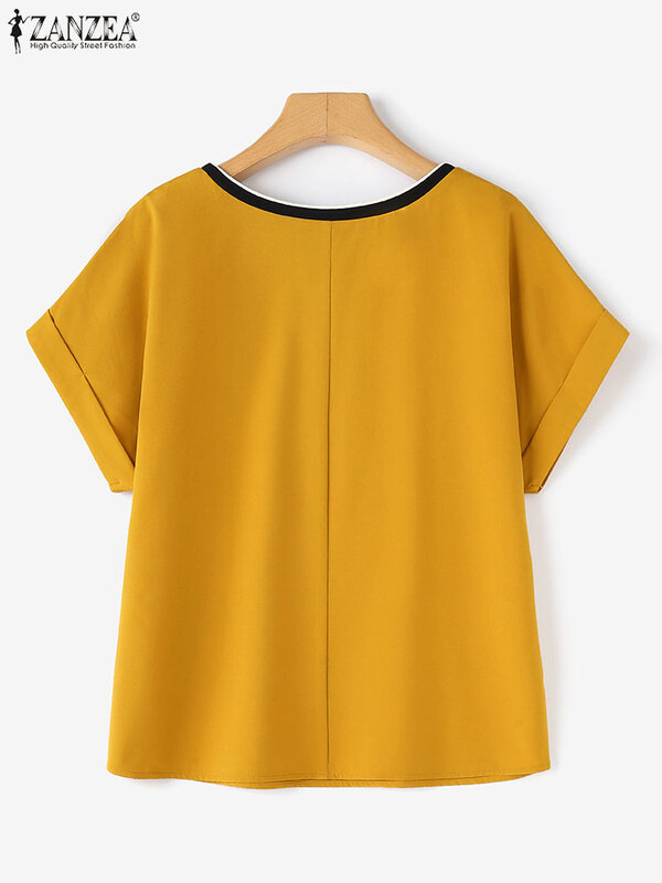 Блузка ZANZEA Женская однотонная с коротким рукавом, повседневная элегантная рубашка в стиле пэчворк, базовая туника с круглым вырезом, в Корейском стиле, лето 2024