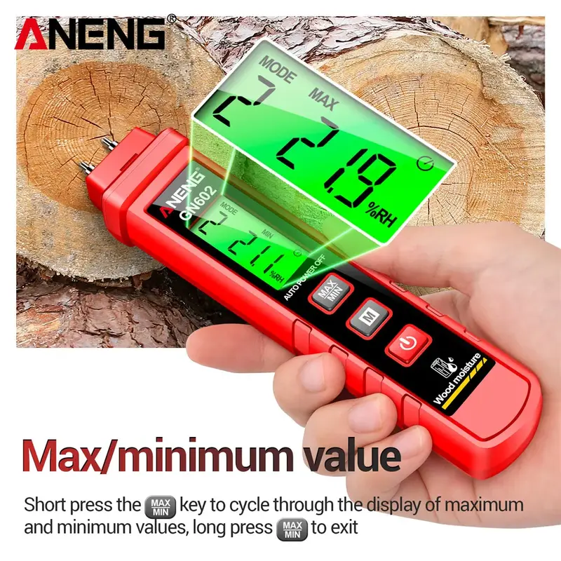 ANENG GN602 Intelligent Moisture Tester 0 ~ 58% rilevatore di umidità del legno Max/Mini Value strumenti per materiali da costruzione con schermo retroilluminato