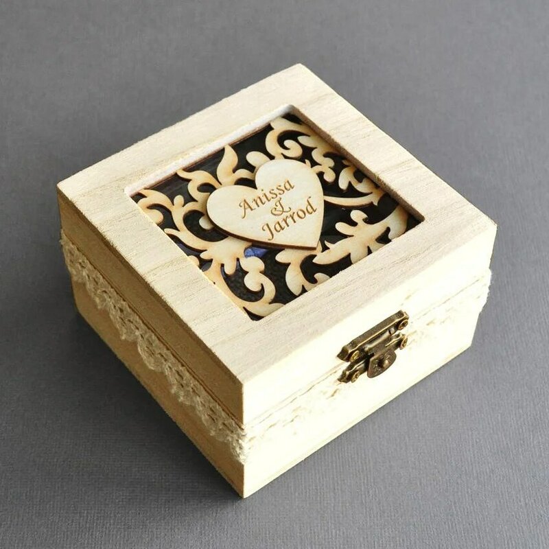 カスタムメイドの木製リングボックス,婚約や結婚式の装飾用にパーソナライズされたメニュー