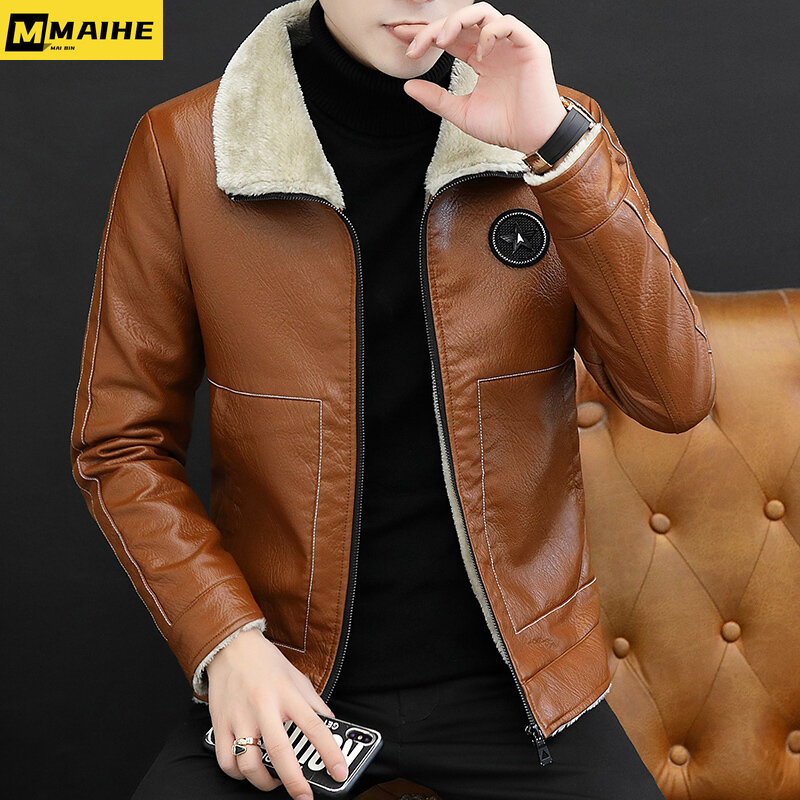 Men's Leather Jacket Retro Casual Pu Leather Fleece Warm Jacket Camping Outdoor Clothing Winter Standing Collar Windproof Coat