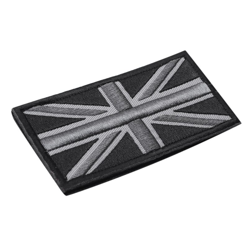 Union Jack UK Flag Badge Patch, preto e cinza, stick back, moda, 10cm x 5cm, novo