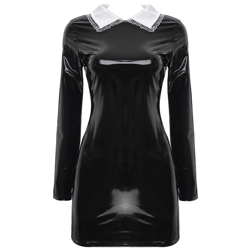 Womens Glossy Patent Leather Maid Nun Cosplay Mini Dress Satin Collar Back Zipper Latex Bodycon Dress Gothic Punk Party Clubwear