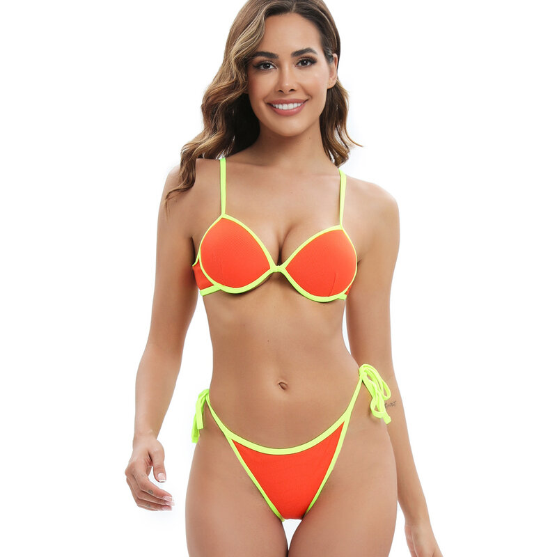 Sommer Badeanzug für Frauen, Strip Pit Stoff Bikini Set Träger, Push-Up Badeanzug mit Bügel, Orange, Sport