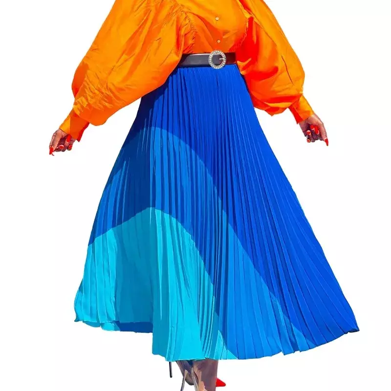Farbverlauf bedruckte lange Röcke für Frauen Falten rock mit hoher Taille schwingen eine Linie Outfit weibliche elegante Urlaub Jupe mit Gürtel