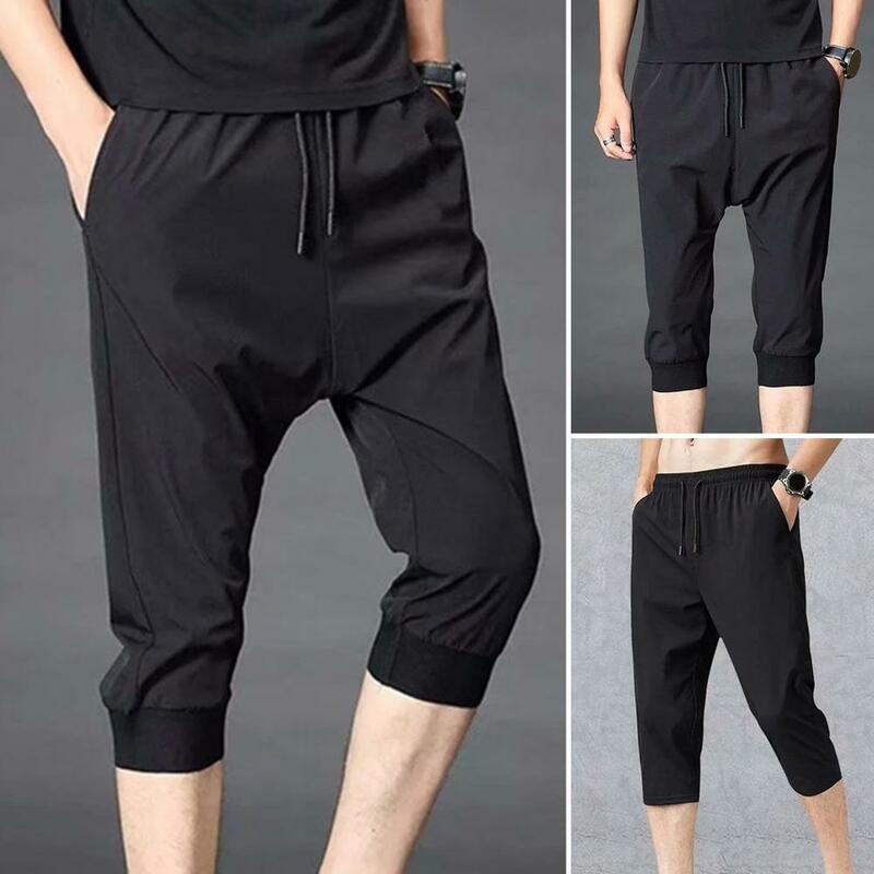 Pantalones recortados holgados para hombre, pantalones cortos de cintura media con bolsillos, Ankle-banded, cintura elástica, tela suave