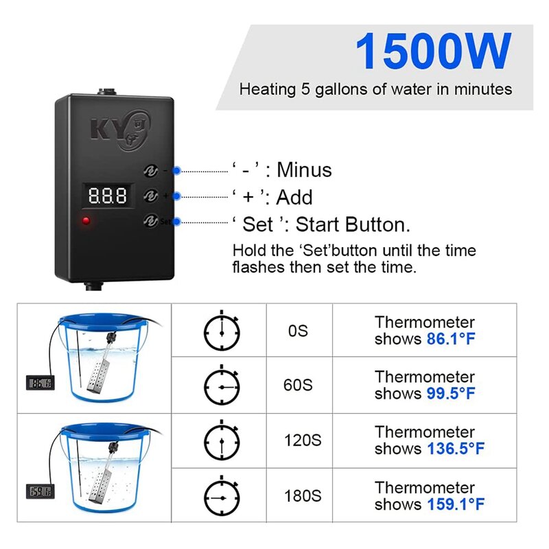 Immersion Water Heater 2500W Electric Bucket Heater with Timer Auto Shut Off Hot Tub Heater for Home Winter EU Plug