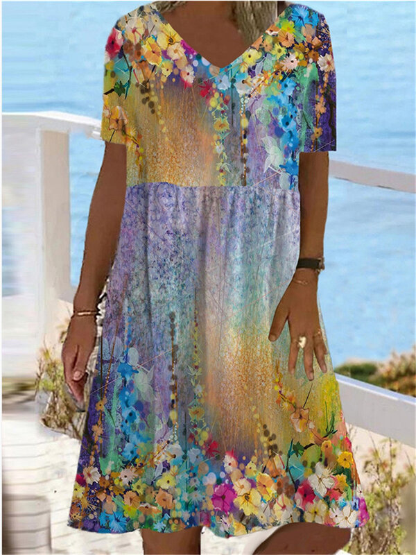 Женское летнее платье с V-образным вырезом и цветочным принтом