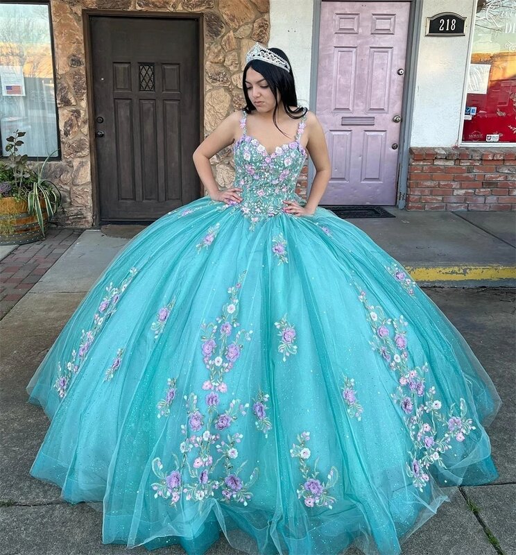 Vestidos de princesa para quinceañera, vestido de baile con tirantes finos, apliques de tul, dulce 16, 15 Años, mexicano
