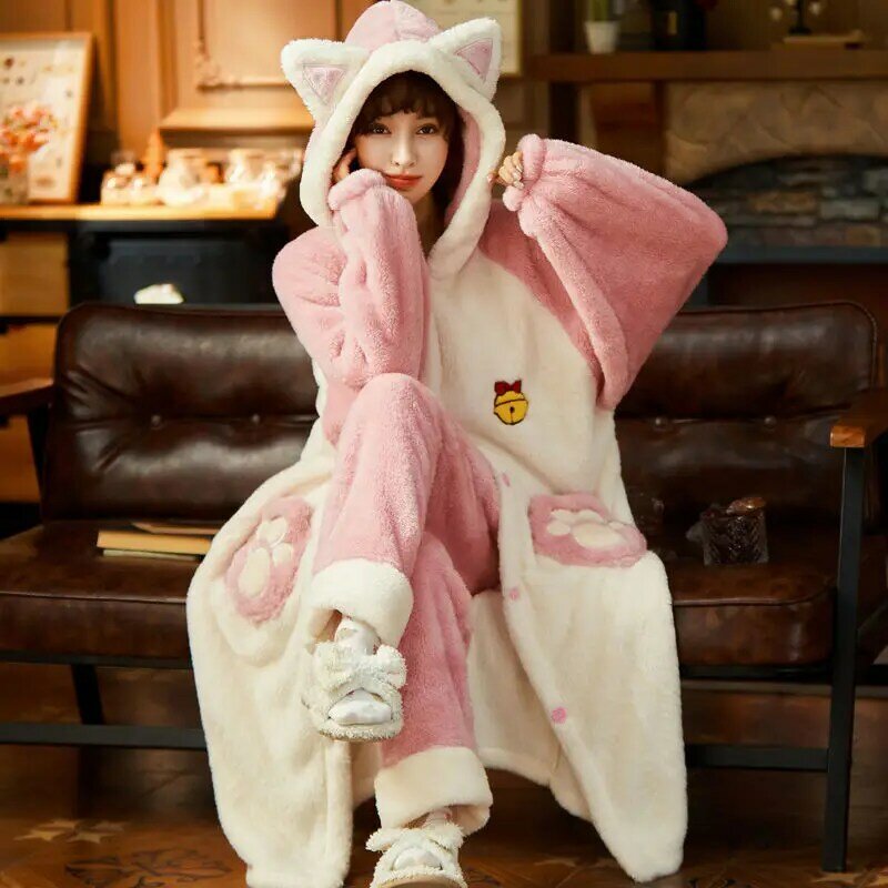 ชุดนอนชุดสตรีฤดูหนาว Flannel Warm ชุดนอนชุดนอนสัตว์แมวน่ารักหญิงแฟชั่น Homewear หลวมชุดนอน