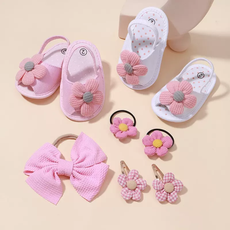 Sapatos recém-nascidos flor do bebê e acessórios de cabelo conjunto, sandálias, grampo, headband, criança macia, infantil, primeiro caminhante, meninas
