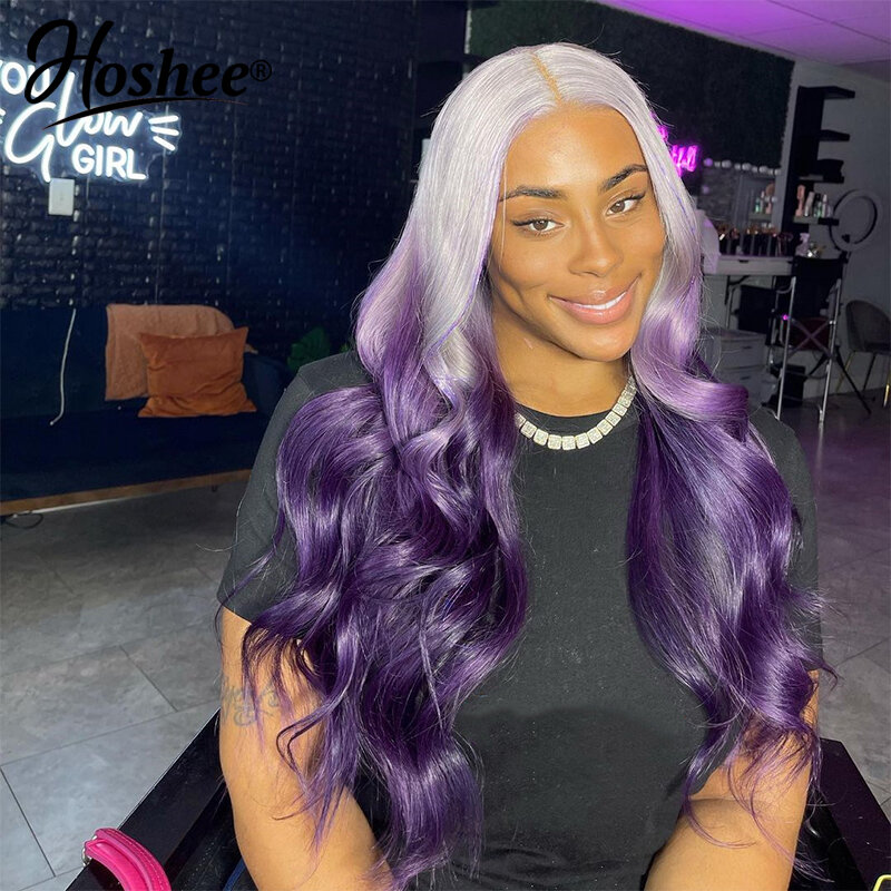 Ombre Colored Purple Color Body Wave Brazilian Remy Glueless Frontal Wig For Black Woman 13x4 Lace Front Human Hair Wigs On Sale