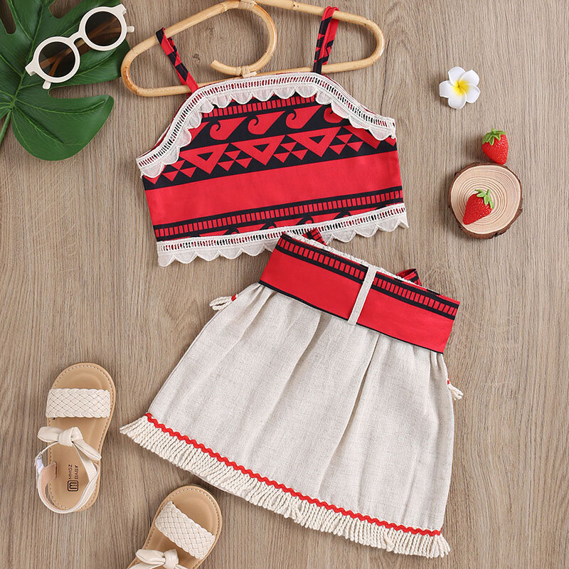 4-7 Years 2PCS Kid Girls Summer Clothes Bohemian Sleeveless Strap Crop Tops + Belted Skirt Set Toddler Outfits