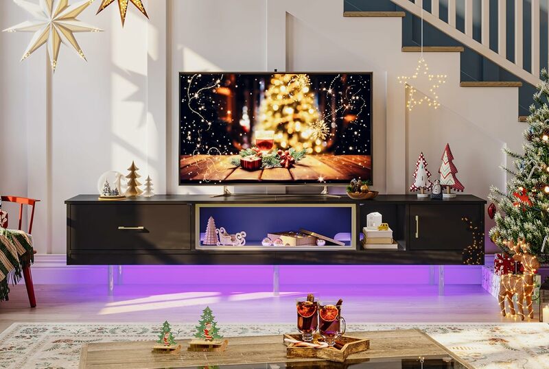 Bestier 80 Inch High Gloss Entertainment Center with Storage for Televisions up to 85" LED TV Stand with Drawer & 2 Storage Cabi