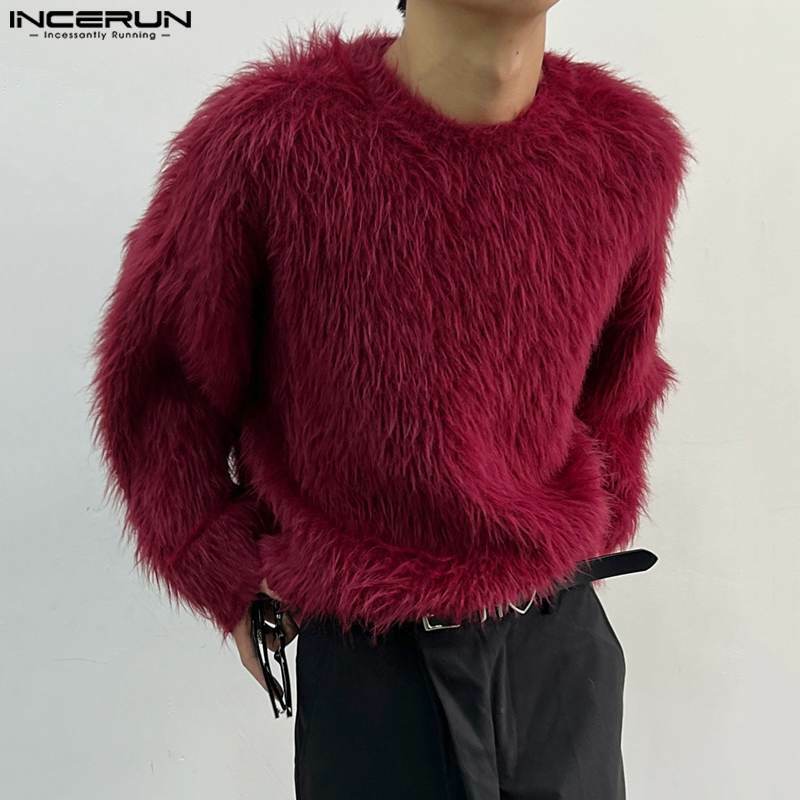 INCERUN top 2024 stile coreano bello uomo sciolto finto peluche Pullover Casual Streetwear solido maglione a maniche lunghe S-5XL
