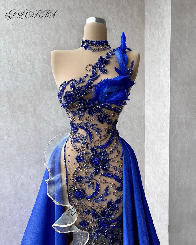 Vestidos de noite formais azuis reais requintados com overskirt dubai frisado cristal vestido de festa feito sob encomenda de noche