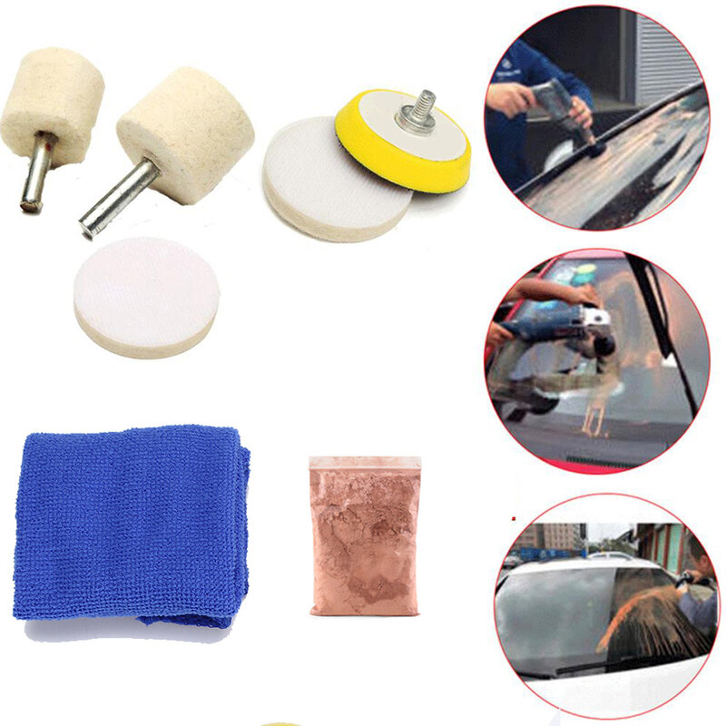 8Pcs 50g Cerium Oxide Glass Polishing Powder Kit Car Windscreen Scratch Remover Wool Felt Polish Wheel Glass Polish Kit