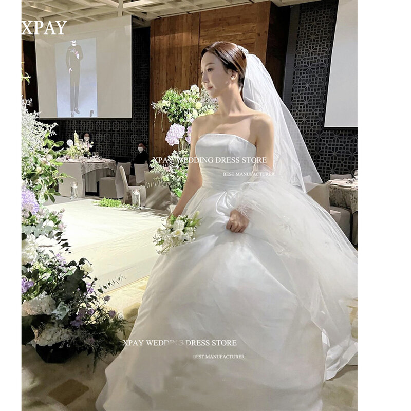 XPAY Korean Elegant Ivory Long Wedding Dresses Tulle Strapless Princess Simple Bridal Gowns Sexy Bride Dress With Train