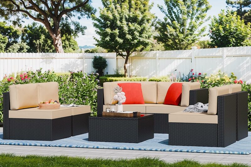 Conjuntos de móveis de pátio ao ar livre, para todos os climas, vime PE marrom, sofá secional, pequeno apartamento para jardim e pátio com otomano