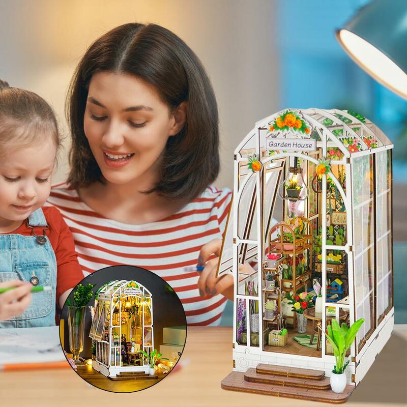 귀여운 책꽂이 키트 DIY 미니어처 집, LED 조명, 책꽂이 삽입 장식, 나무 책장, 정원 집 디오라마