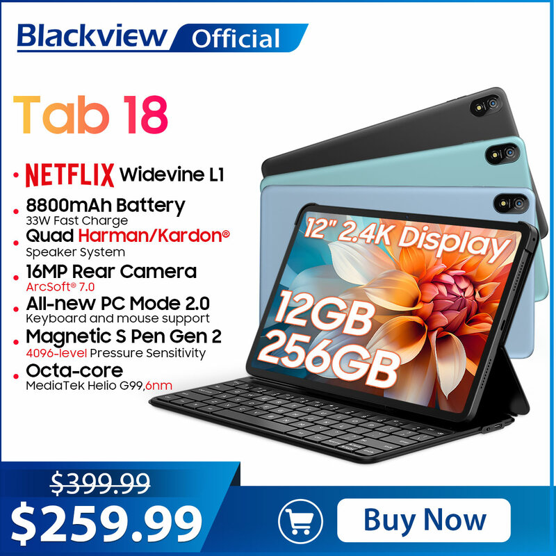 Blackview Tab 18 Tablet PC 12'' 2.4K FHD+Display Helio G99 12GB+12GB RAM 256GB ROM, Netflix Widevine L1, 8800mAh Battery 33W