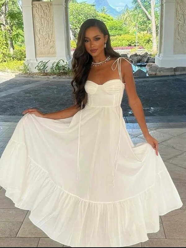 White Lace Up Strap Dress Women Sleeveless Backless High Waist Long Dresses 2024 Summer Elegant Beach Robes Female Solid Lady