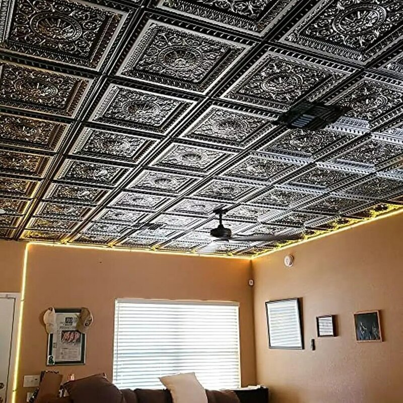 Silver Faux Tin Ceiling Tiles Lightweight PVC Easy Installation Fire Rated Classic Style 24x24 Pack of 25