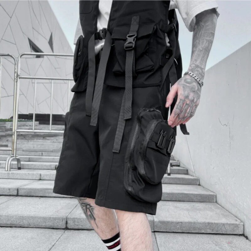 Мужские шорты-карго Y2K, летние уличные Короткие штаны с множеством карманов, украшенные пряжками, 2024