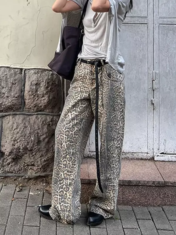 Deeptown jins cuci macan tutul wanita, Jeans longgar lurus ukuran besar pinggang tinggi jalanan tinggi krem tumpuk Vintage Y2K