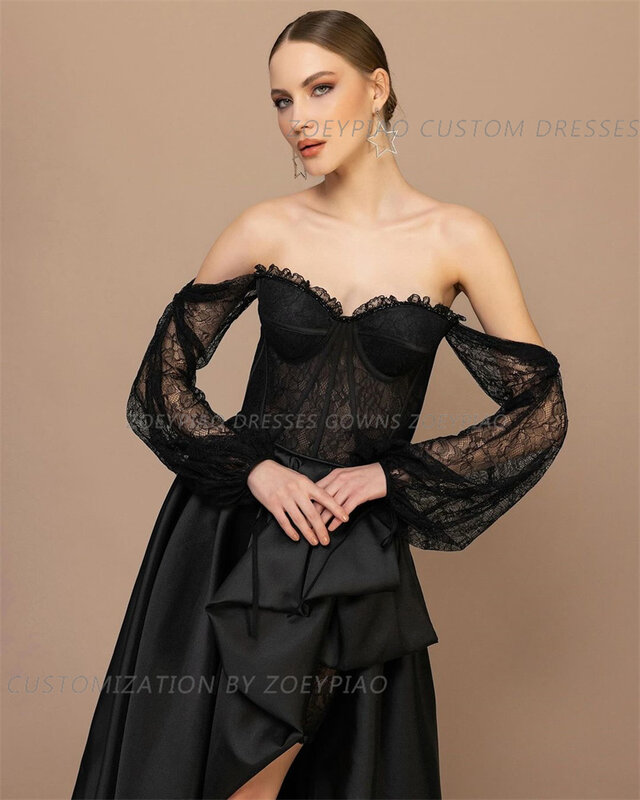 블랙 레이스 섹시 슬릿 이브닝 드레스, 결혼식용 새틴 오프 숄더 무도회 가운, 공식 연예인 파티 원피스 가운
