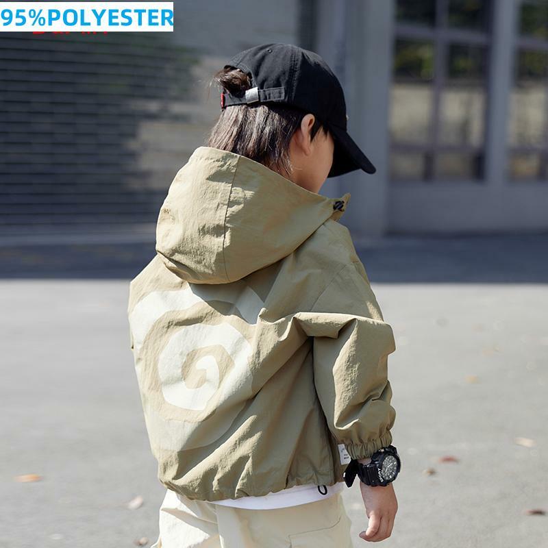 Jaket bertudung anak laki-laki Korea, atasan olahraga musim semi musim gugur ritsleting tipis jaket penahan angin kasual pakaian luar anak-anak