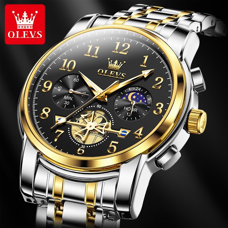 OLEVS 브랜드 패션 문 페이즈 쿼츠 시계 남성용, 스테인리스 스틸 방수 야광 럭셔리 뚜르비옹 시계