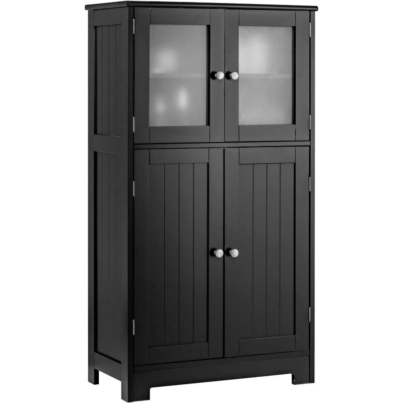 Bathroom Floor Cabinet, Storage Cabinet with Glass Doors, Wooden Kitchen Cupboard w/Adjustable Shelf, Versatile Floor