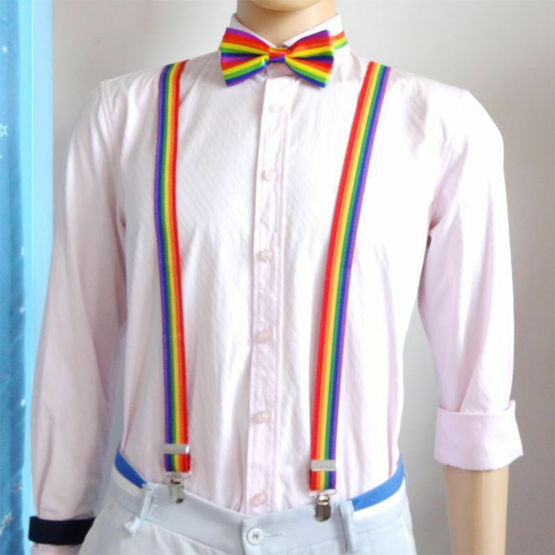 Masculino feminino alças largas ajustáveis ​​suspensórios y arco-íris colorido vertical listrado cinto elástico com clipes