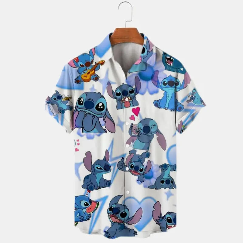 2024 Summer shirt Disney trend fashion cartoon interstellar baby Stitch Harajuku top men's lapel shirt Disney Hawaiian Shirts