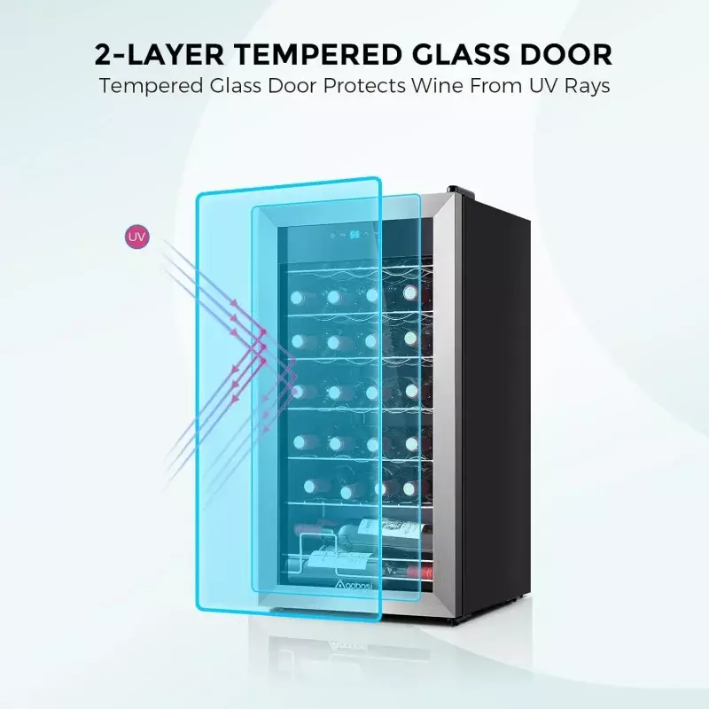 AAOBOSI 17 Inch Compressor Wine Cooler, 28 Bottle Wine Refrigerator with Stainless Steel Tempered Glass Door for Red, White or C