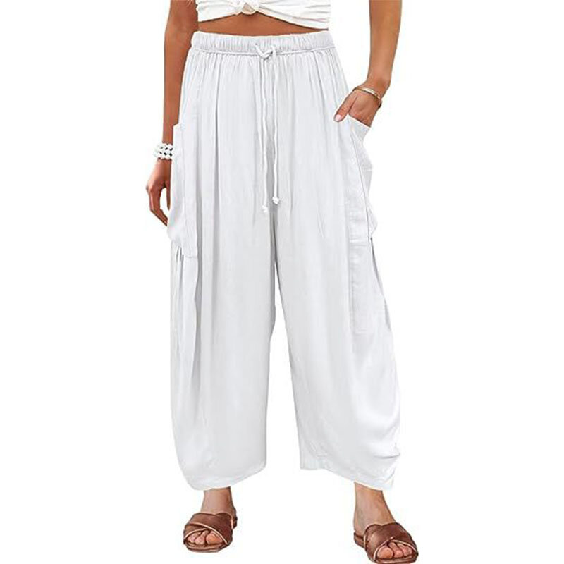Pantalon de survêtement décontracté pour femme, taille élastique, plis, hip hop, taille haute, coton, lin, été