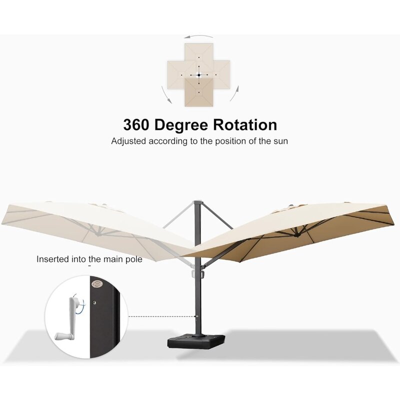360度回転、ベージュのパティオ傘を備えた大きな長方形のアルミニウムオフセット傘