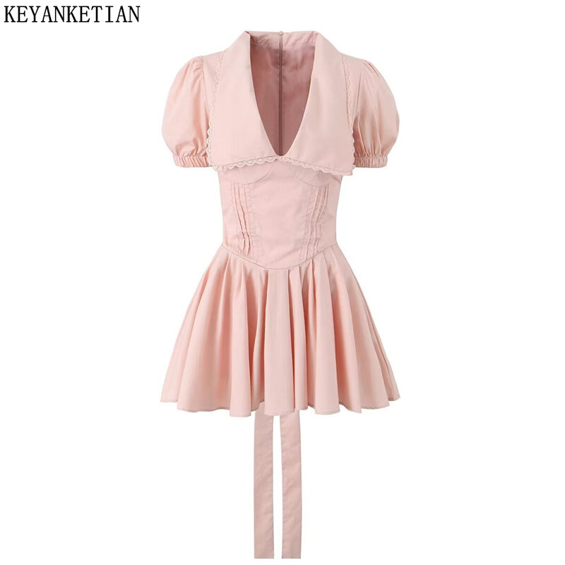 KEYANKETIAN-Vestido corto de encaje con cuello de muñeca para mujer, minivestido de verano con lazo en la espalda, manga abullonada, 2024