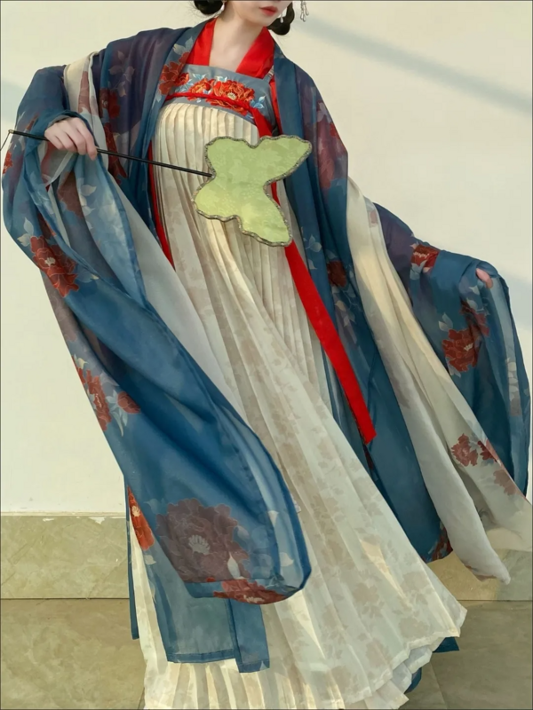 Hanfu Set gaun gaya Tiongkok wanita, kostum panggung dansa peri bordir bunga elegan Dinasti Tang tradisional Vintage