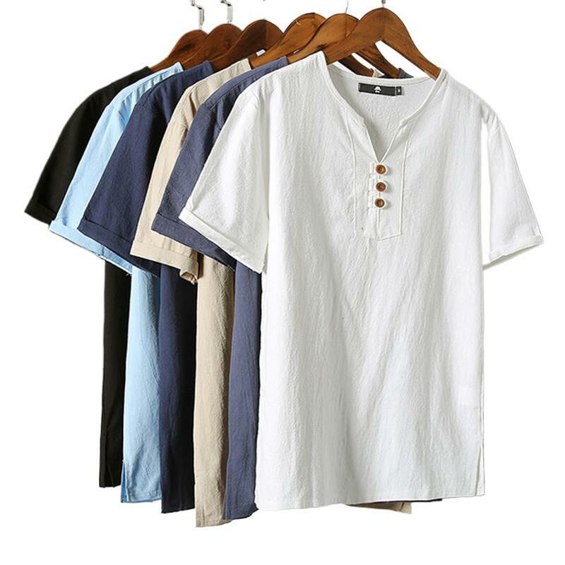 Duże męskie ubrania z krótkimi rękawami koszula z mieszanki bawełny i lnu lato Retro workowate topy moda jednolita koszula z guzikami z dekoltem w szpic Plus Size M-7XL
