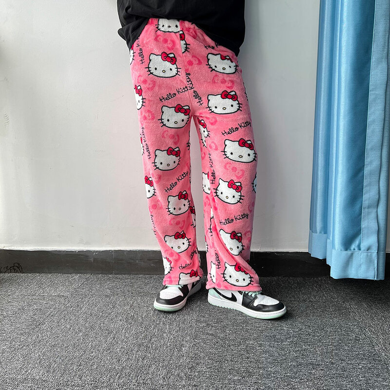 Sanrio Hello Kitty Pijama de flanela feminina, calça de lã quente, calça casual para desenhos animados, preta, outono, inverno